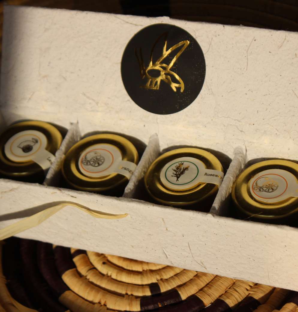 Humble Beeing honey taster gift set: four mini jars in handmade recycled paper packaging with gold bee seal